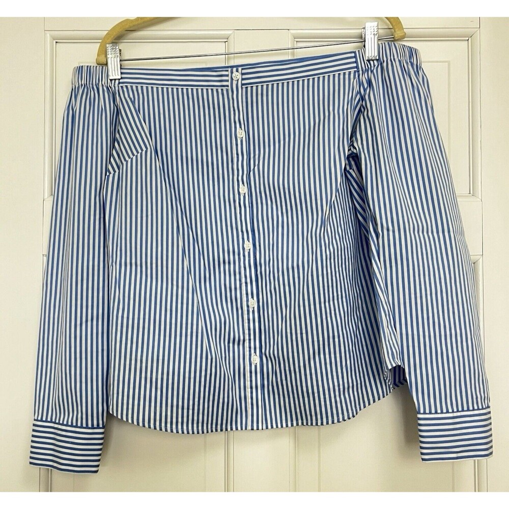 Express Blouse Womens M Blue‎ Striped Off The Shoulder Stretchy Top Long Sleeeve